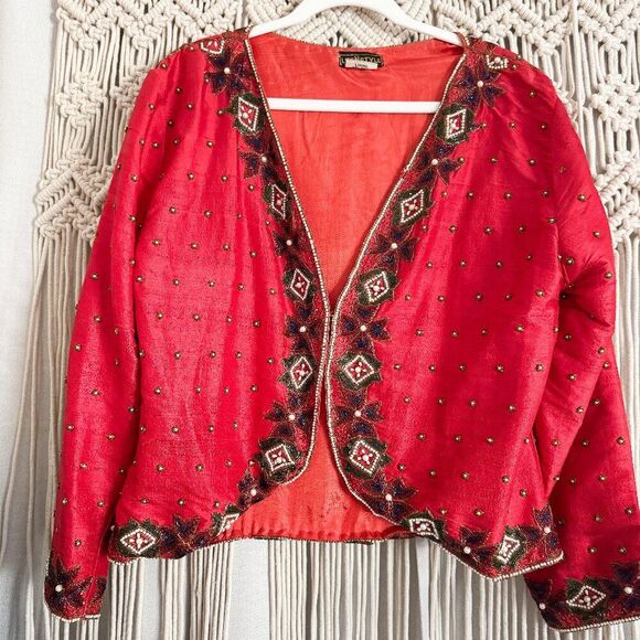 Vintage LifeNstyle Red Beaded Silk Jacket – Fits Up to Size Large - Picture 1 of 4